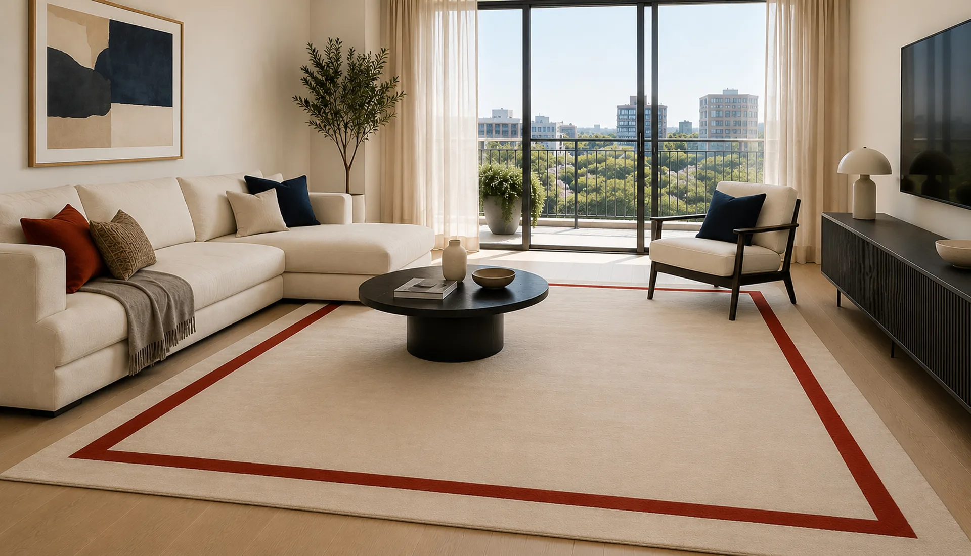 Cream Wool Rug with Traffic Red Art Silk Inset Border